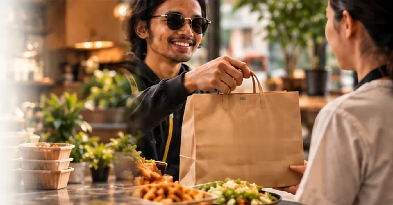 A smiling delivery driver in dark sunglasses and a dark jacket hands a kraft paper bag across a café counter